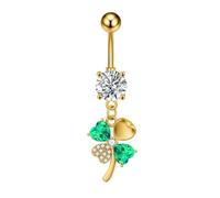 Niaspi CZ Four Leaf Clover Belly Button Rings for Women Stainless Steel Green Crystal Belly Dangle Navel Piercing Barbell Studs Rings ST Patricks Day Irish Piercing Jewelry (Gold)