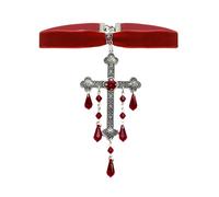 Niaspi Gothic Engraved Cross Velvet Choker Necklace for Women Unisex Vintage Punk Ruby Red Luxury Teardrop Glass Tassel Dangle Drop Necklaces Adjustable Exaggerated Lace Cross Statement Jewelry