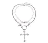 Niaspi Pearl Cross Pendant Layering Necklace for Women Unisex Hypoallergenic Exaggerated Engraved Cross Chain Necklaces Vintage Gothic Infinity Twisted Faux Pearl Metal Statement Jewelry Gifts