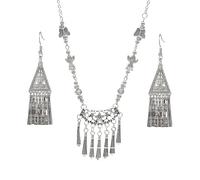 Niaspi Silver Dangling Jewelry Set for Women Boho Ethnic Silver-Tone Indian Tassel Earrings Necklace Vintage Engraved Totem Punk Drop Pendant Necklace Jewelry