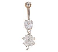 Niaspi Sparkling Crystal Four Leaf Clover Belly Button Ring for Women Stainless Steel Clear CZ Shamrock Dangle Navel Barbell Ring Body Piercing Jewelry for ST Patrick’s Day