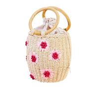 NIBD Flower Pearls Rattan Tote Bag Summer Beach Drawstring Straw Bucket Bag Diamonds Woven Handbag, J Beige, 13cm/5"(Bottom diameter )x19cm/7.5"(height)