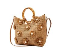 NIBD Flower Pearls Rattan Tote Bag Summer Beach Drawstring Straw Bucket Bag Diamonds Woven Handbag, L Khaki, 13cm/5"(Bottom diameter )x19cm/7.5"(height)