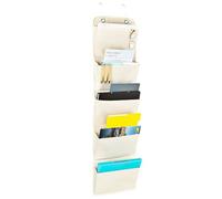 Niboken Over the Door Hanging Organiser Wall Mount Organiser Magazines Wall Holder with Fabric Foldable Storage Compartments for File Office Home School (5 Pockets/White)