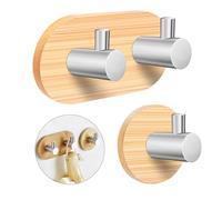 Niboken Self Adhesive Wall Coat Hooks, Bamboo Towel Robe Hooks Reusable Seamless Stainless Steel Sticky Hanger for Kitchen, Bathroom, 2 Pack