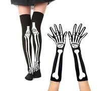 NICAI Kitchen 2 Pairs Halloween Skeleton Gloves Stockings Set,Halloween Skull Stockings Halloween Cosplay knee-high socks Costume halloween skeleton socks Party Mardi Gras