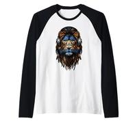 Nicaraguan Flag Lion Wearing Headphones Raglan Baseball Tee