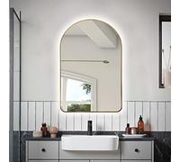 Niccy Arched LED Lighted Bathroom Mirror, 32x20 Inch Backlit Vanity Mirror with Lights Brushed Gold Framed Wall Mounted Mirrors with Dimmable 3 Color Shatterproof Arch Smart Fog Free Mirror