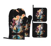 Nice Cello Pattern Oven Mitts & Pot Holders 4-Piece Set - Baking Insulation Gloves, Kitchen Practical Tools