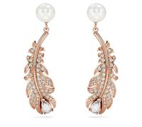Nice drop earrings, Crystal pearl, Mixed cuts, Feather, White, Rose gold-tone plated