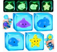Nice Ice Cube, 4 Pcs Glow in the Dark Squishy Fidget Toys, Sensory Cube Stress Balls for Adults & Kids, Marine Squishies Squeeze Toys for Autism Anxiety Relief
