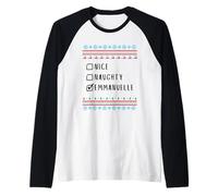 Nice, Naughty, Emmanuelle Christmas Ugly Sweater Style Raglan Baseball Tee