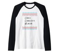 Nice, Naughty, Jason Christmas Ugly Sweater Style Raglan Baseball Tee