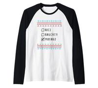 Nice, Naughty, Mayako Christmas Ugly Sweater Style Raglan Baseball Tee