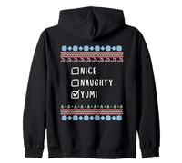 Nice, Naughty, Yumi Christmas Ugly Sweater Style Zip Hoodie