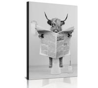 Nice Newspaper Animal Wall Art Black and White Canvas Printed Cabinet Bathroom Decoration Bathtub Wall Picture, Frameless (Highland Cattle, 1 piece - 40x60 cm)