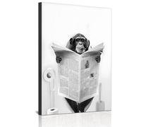 Nice Newspaper Animal Wall Art Black and White Canvas Printed Cabinet Bathroom Decoration Bathtub Wall Picture, Frameless (Monkey, 1 piece - 40 x 60 cm)