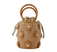 Nice Pies Flower Pearls Rattan Tote Bag Summer Beach Drawstring Straw Bucket Bag Diamonds Woven Handbag, A Flower,