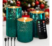 NICE POINT LED Flameless Candle, Rechargeable Flashing Pillar Candle Made of Real Wax with Remote Control and Timer, Upgraded Teardrop Wick, Grey Electronic Clear Glass Candles, Pack of 3