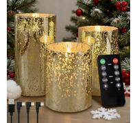 NICE POINT LED Flameless Candle, Rechargeable Flashing Pillar Candle Made of Real Wax with Remote Control and Timer, Swivel Candle Wick, Electronic Candles Made of Gold Clear Glass, Pack of 3