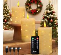NICE POINT LED Flameless Candle,Rechargeable Flashing Pillar Real Wax Candle with Remote Control and Timer, Upgraded Teardrop Wick, Electronic Candles with Fairy Lights for Room Decor, Pack of 3