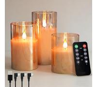 NICE POINT LED Flameless Candle,Rechargeable Flashing Pillar Real Wax Candle with Remote Control and Timer, Upgraded Teardrop Wick, Gold Clear Glass Electronic Candles for Room Decor, Pack of 3