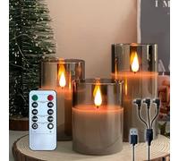 NICE POINT LED Flameless Candle,Rechargeable Flashing Pillar Real Wax Candle with Remote Control and Timer, Upgraded Teardrop Wick, Grey Clear Glass Electronic Candles for Room Decor, Pack of 3