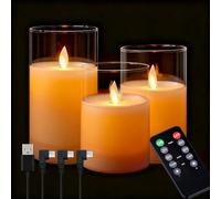 NICE POINT LED Flameless Candle,Rechargeable Flashing Pillar Real Wax Candle with Remote Control and Timer, Swingable Candle Wick, White Clear Glass Electronic Candles for Room Decor, Pack of 3