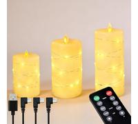 NICE POINT LED Flameless Candle,Rechargeable Flashing Pillar Real Wax Candles with Remote Control and Timer, Electronic Candles with Fairy Lights for Room Decor, Pack of 3