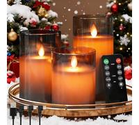 NICE POINT LED Flameless Candles,Rechargeable Flashing Pillar Real Wax Candle with Remote Control and Timer, Swingable Candle Wick, Grey Clear Glass Electronic Candles for Room Decor, Pack of 3