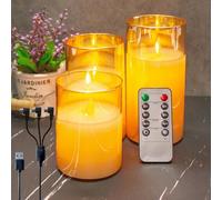 NICE POINT LED Flameless Candles,Rechargeable Flashing Pillar Real Wax Candle with Remote Control and Timer, Swingable Candle Wick, Gold Clear Glass Electronic Candles for Room Decor, Pack of 3