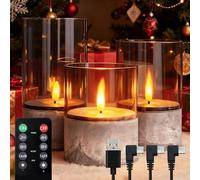 NICE POINT Rechargeable Flameless Candle, Flashing LED Pillar Real Wax Candle with Remote Control and Timer, Simulated Wick, Gray Electronic Candle, 1 Set of 3