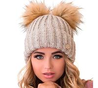 niceacsrise Beanie for Women - 2 Pom Cable Knit Winter Warm Fleece Hat - Wool Snow Cuff Ski Cap, Light Coffee, One Size