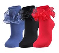 NiceBaby Big Ruffle Socks Women, Cotton Comfort Ankle Ribbed Turn-Cuff Double Lace Cute Frilly Crew Socks, Black/Red/Navy Blue, 4-8 UK