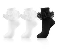 NiceBaby Big Ruffle Socks Women, Cotton Comfort Ankle Ribbed Turn-Cuff Double Lace Cute Frilly Crew Socks Size 9-11 White/White/Black