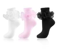 NiceBaby Big Ruffle Socks Women, Cotton Comfort Ankle Ribbed Turn-Cuff Double Lace Cute Frilly Crew Socks Size 9-11 White/Black/Pink