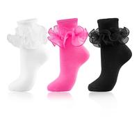 NiceBaby Big Ruffle Socks Women, Cotton Comfort Ankle Ribbed Turn-Cuff Double Lace Cute Frilly Crew Socks, White/Black/Hot Pink, 4-8 UK