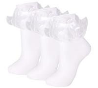 NiceBaby Women's Big Ruffle Socks Double Lace with Bows (Size 5-11, 3 Pairs), White, 5-9