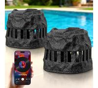 NiceBuy 2-Pack Solar Powered Rock Speakers Waterproof Patio TWS Pair, 2 in 1 Charging, Rechargeable Outdoor Rock Speaker, IP44 for Pool Party Yard Outside Garden(Black)
