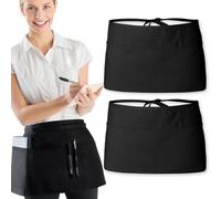 NICECONE 2 Pack Black Waist Apron for Waitress/Waiter - Half Server Apron with 3 Pockets & Long Adjustable Ties - 59x30cm - Unisex Kitchen, Restaurant, Barista Workwear