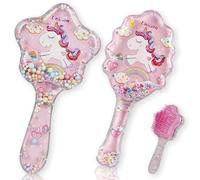 NICECONE 2 Pack Unicorn Hair Brush Set for Girls, Pink Cartoon Air Cushion Detangling Brush with Handle, High Low Bristle & Transparent Rainbow Unicorn Back with Glitter Balls, Star & Oval Shape