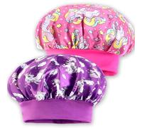 NICECONE 2 Pcs Kids Unicorn Silk Satin Bonnet, Adjustable Elastic Soft Pink & Purple Satin Hair Bonnet Sleep Capfor Toddler Girls, Cute Unicorn Nightcap for Sleeping, Dark Pink