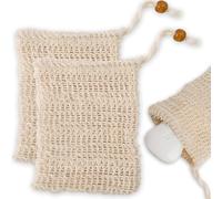 NICECONE 2 Pcs Sisal Soap Bag with Brown Bead, 14x9cm Natural Exfoliating Soap Saver Pouch, Drawstring Soap Holder for Foaming & Drying, Shower Bath Washing