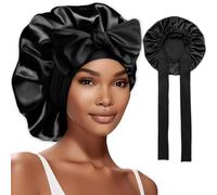 NICECONE Large Satin Bonnet Silk Bonnet for Sleeping, Silky Sleep Cap with Elastic Tie Jumbo Sleeping Cap with Adjustable Wide Soft Bands Night Cap for Women Girls Curly Hair (Black)