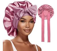 NICECONE Large Satin Bonnet Silk Bonnet for Sleeping, Silky Sleep Cap with Elastic Tie Jumbo Sleeping Cap with Adjustable Wide Soft Bands Night Cap for Women Girls Curly Hair (Dark Rose Gold)