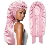 NICECONE Long Satin Bonnet for Women, Large Silky Hair Bonnet with Tie Band Adjustable Straps Jumbo Size Hair Sleeping Cap for Long Braid Curly Hair No Slip-Off (Pink)