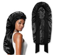 NICECONE Long Satin Bonnet for Women, Large Silky Hair Bonnet with Tie Band Adjustable Straps Jumbo Size Hair Sleeping Cap for Long Braid Curly Hair No Slip-Off (Black)