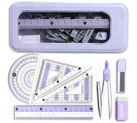 NICECONE Maths Set for Secondary School, 8 Piece Geometry Set with Clear View Tin Box, Compass, Protractor, Set Squares, Ruler, Eraser, Lead Refills for Students and School Supplies (Purple)
