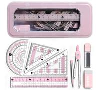 NICECONE Maths Set for Secondary School, 8 Piece Geometry Set with Clear View Tin Box, Compass, Protractor, Set Squares, Ruler, Eraser, Lead Refills for Students and School Supplies (Pink)