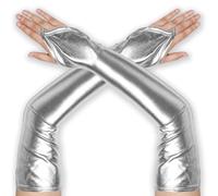 NICECONE Metalic Fingerless Long Gloves, Patent Leather Shiny Elbow Length Metallic Gloves for Evening Opera Party Costume, Cosplay, Night Club Dancewear (Silver)